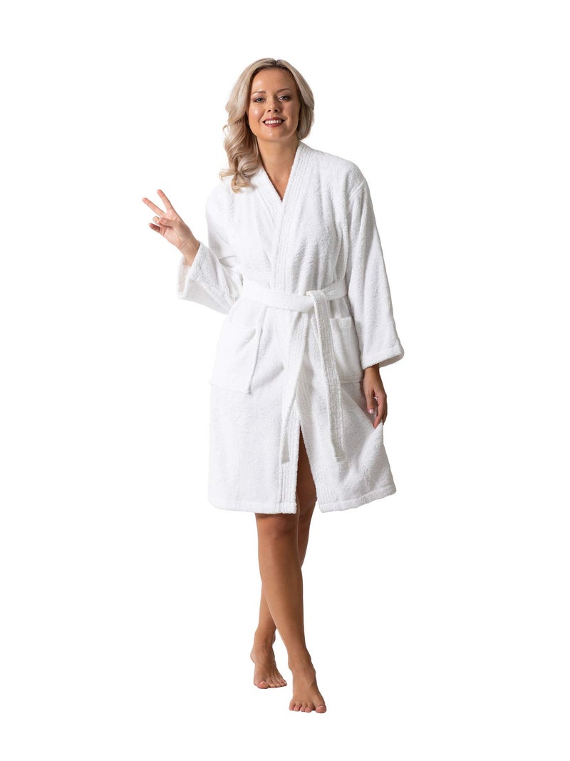 Turkish Linen روب حمام تركي فاخر بياقة كيمونو من قطن سوبر ناعم ماص للماء للنساء (أبيض، متوسط) - Image 1